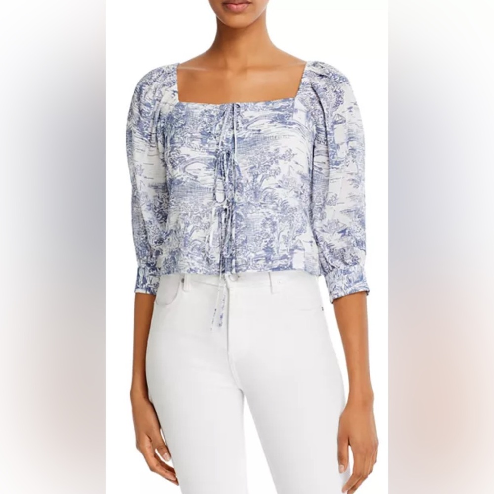 LUCY PARIS Puff Sleeve Tie-Front Cropped Top Blouse French Toile Blue/White S